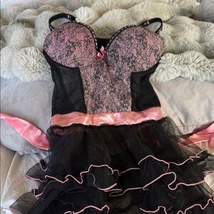 Native Pink and Black Lace Bustier Chemise with Ruffle Skirt